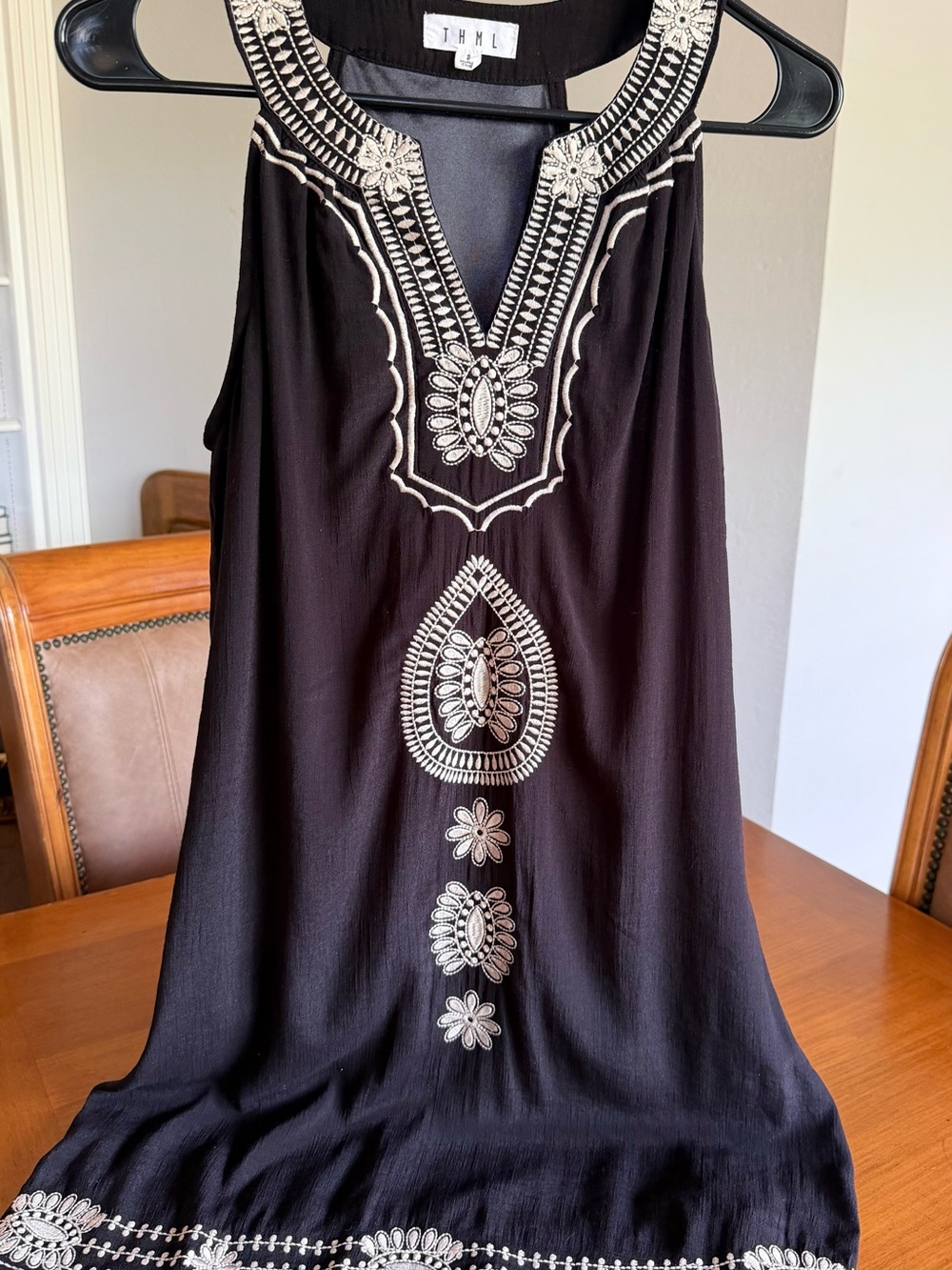 THML Black Midi Dress with Cream Embroidery